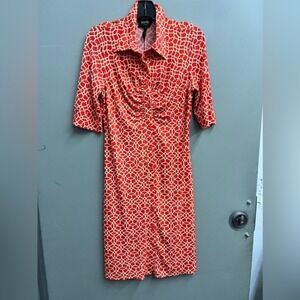 Laundry by Shelli Segal Orange White Geometric Print Front Ruched Dress Size 8